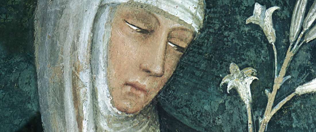 Die hl. Katharina von Siena mit Lilie, Bildnis von Andrea Vanni in San Domenico, Siena (Ausschnitt)